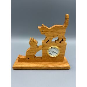 Hand Carved Wood Cat Desk Tabletop Clock Cat Decor Collector